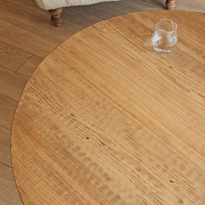 Top angle close-up of the coffee table, revealing the rich textures and grains of the solid pine wood, emphasizing its handcrafted quality.