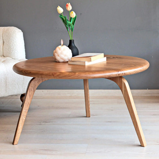 Mid-century modern design, Aura Solid Oak Wood Coffee Table with tapered legs and natural wood grain, ideal for minimalist home décor.