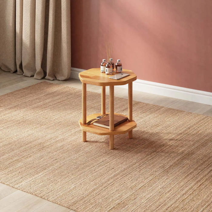 Hexagon-shaped wood end table crafted from solid beech wood with a natural finish, featuring sleek minimalist design.