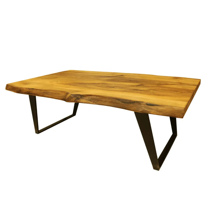 Diagnoal view of the Denton Solid Walnut Wood Live Edge Coffee Table on a white background