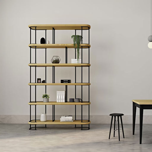 The Ellis Mid Century Bookshelf offers a blend of pine wood shelves and a sturdy metal frame for a rustic yet modern look.