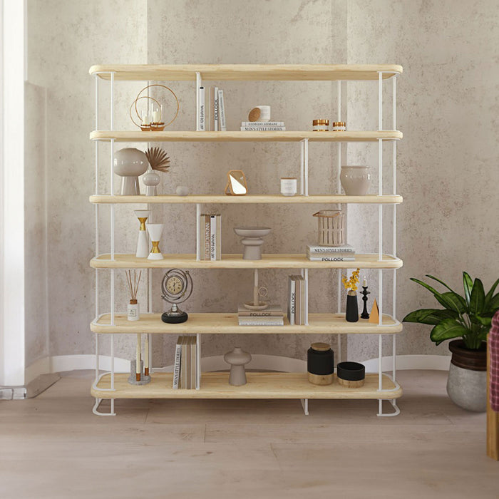 Wide view of the Ellis Mid Century Modern Bookshelf, showcasing its solid pine wood frame and sleek metal accents, styled with books and decorative items.