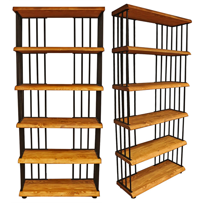 Close-up of Fargo Metal Wood Bookcase with rustic wood grain and metal frame detail.