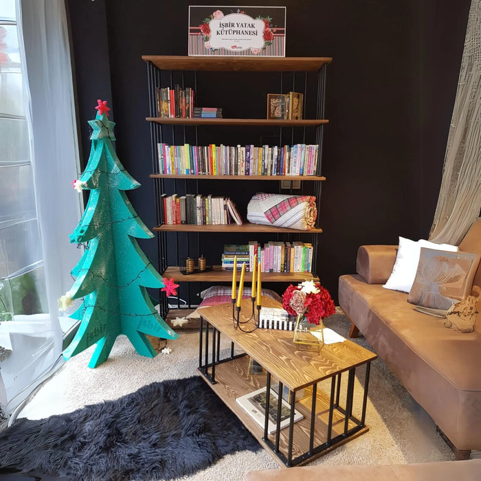 Fargo Metal Wood Bookcase with books and decorative objects styled on its shelves.
