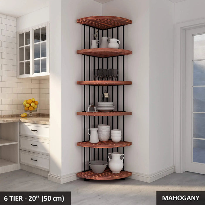 Rustic yet modern Fargo solid wood corner bookcase with adjustable shelving for versatile storage.
