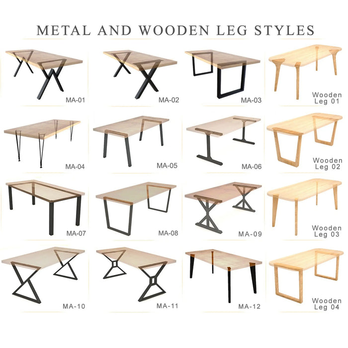 Overhead view of the dining piece showcasing fine grain patterns and smooth finish, with a variety of stylish leg designs, including sleek metal, tapered wooden, square-cut, and Scandinavian-style angled legs, as well as industrial matte black, vintage curved, minimalist, chunky rustic, flared, ladder-back, round pedestal, and geometric intersecting legs, highlighting its versatility and modern, rustic, or industrial appeal.