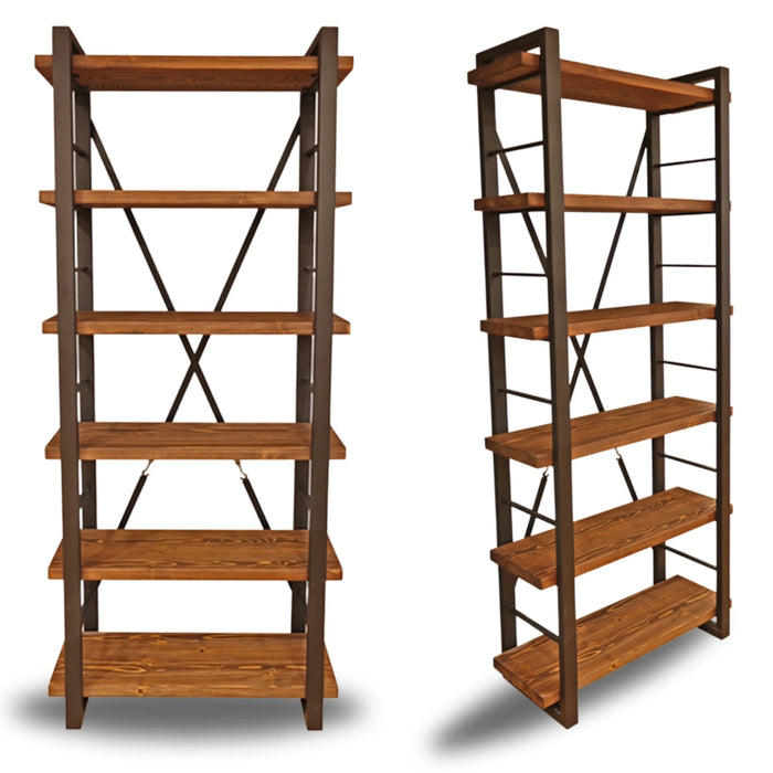 Renton Rustic Bookshelf in a clean, front-facing shot, showcasing its pine wood shelves and industrial frame.