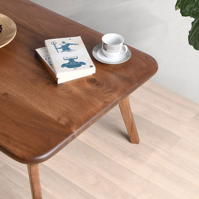 Sidney Rectangular Cocktail Table made of solid walnut wood, featuring a mid-century modern design with clean lines and a rich wood finish side view zoomed in