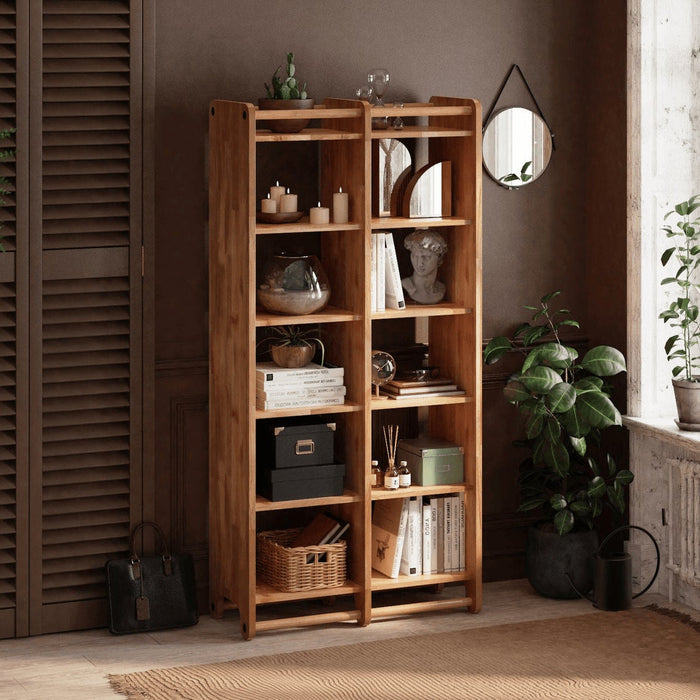 Front view of the Compton Storage Bookcase showcasing its solid wood tall design and geometric shelving layout.
