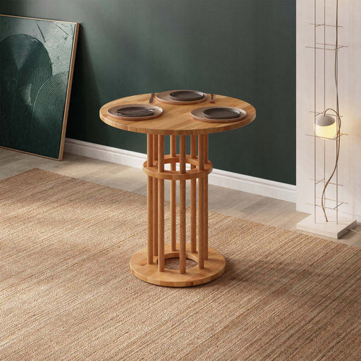 Close-up of the Grant Small Dining Table for 2, highlighting its smooth round beech wood surface in a modern minimalist kitchen setting.