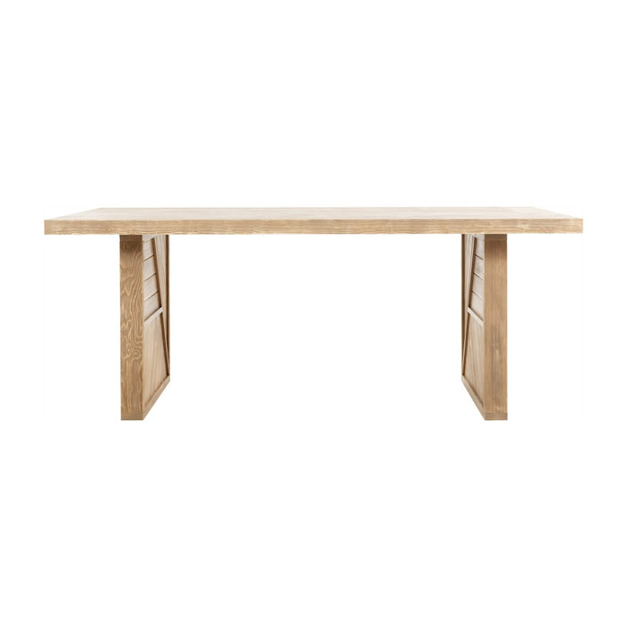 A top-down view of the rustic dining room table, focusing on the even surface and smooth edges of the solid pinewood.