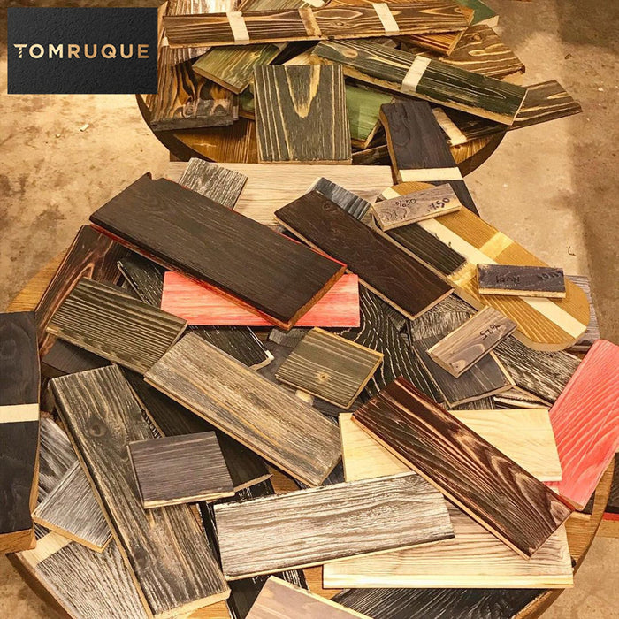 Close-up of wood materials, showcasing various finishes such as light and dark woods, with options for different color tones like walnut and oak, providing versatility in choosing the perfect rustic dining room table finish