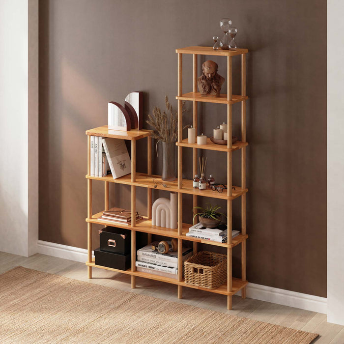 A front view showcasing six open shelves made from solid wood with a minimalist design, perfect for organizing and displaying items.