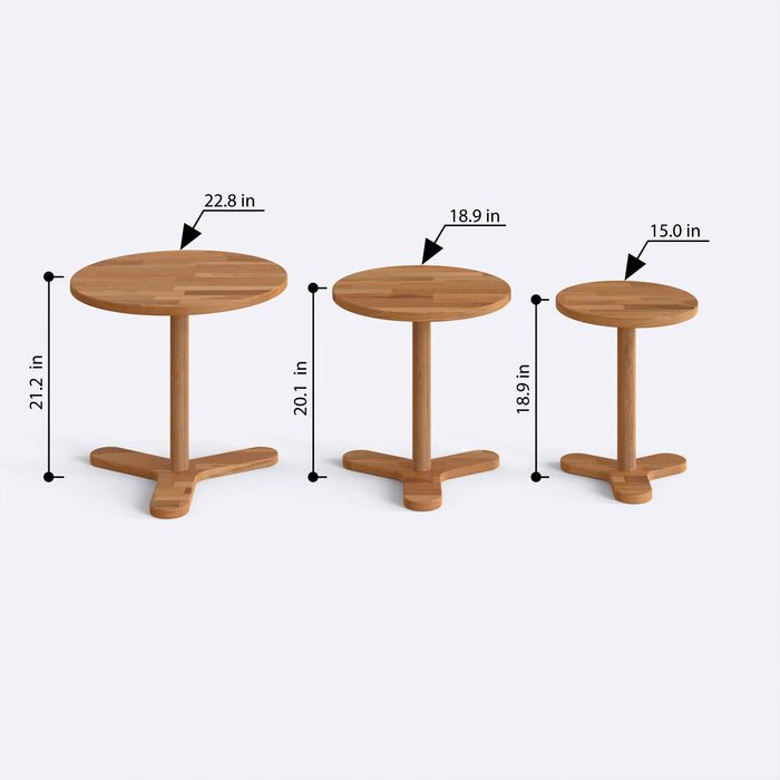 Display of the complete Lynn Wood Round Side Coffee Table Set in a living room setting, showcasing its versatile, minimalist design.