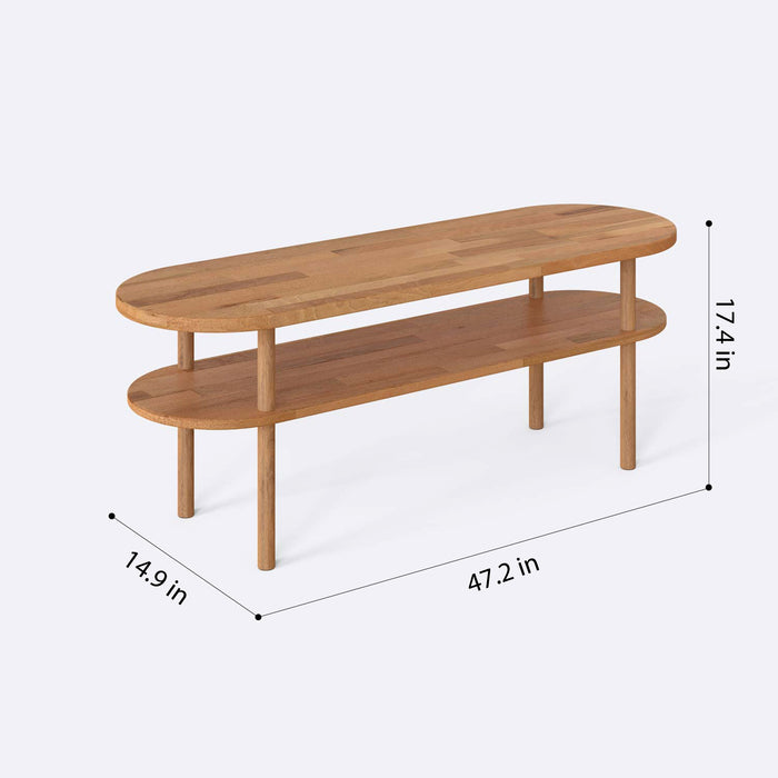 Elegant wooden minimalist oval coffee table with a light beech wood finish.