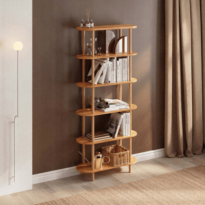 Front view of tall narrow bookcase featuring its elegant minimalist design and solid wood construction, perfect for showcasing books and decor.