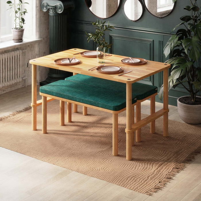 Pasific dining table set with bench featuring a modern wood design, perfect for contemporary dining spaces.