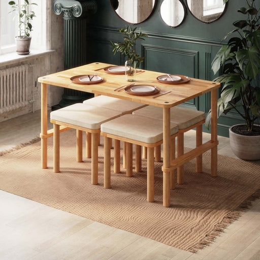 A modern rectangular dining table set wood with a minimalist design, paired with four matching benches. The wood grain is visible, showcasing a sleek, natural aesthetic perfect for modern dining rooms.