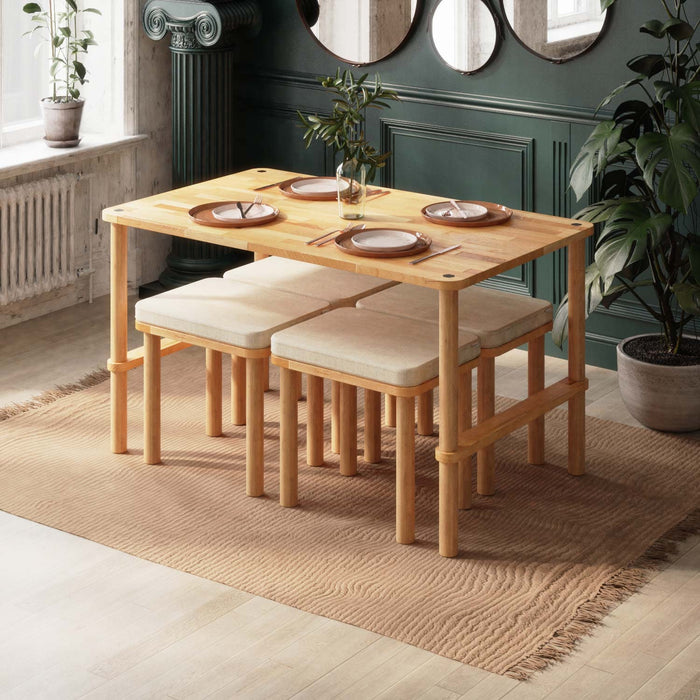 A modern rectangular dining table set wood with a minimalist design, paired with four matching benches. The wood grain is visible, showcasing a sleek, natural aesthetic perfect for modern dining rooms.