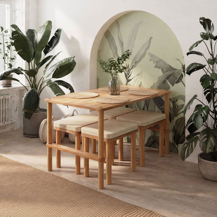 A full view of the dining set in a bright, spacious dining area, emphasizing the contrast between the wood finish and the surrounding decor.