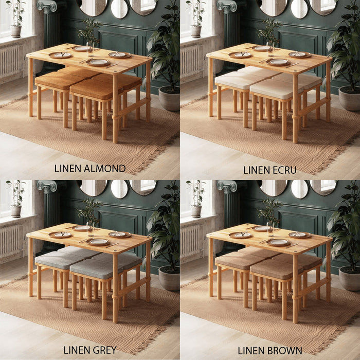 Linen seat covers in various shades: Linen Almond, Ecru, Grey, and Brown, adding a touch of elegance and comfort to the benches.