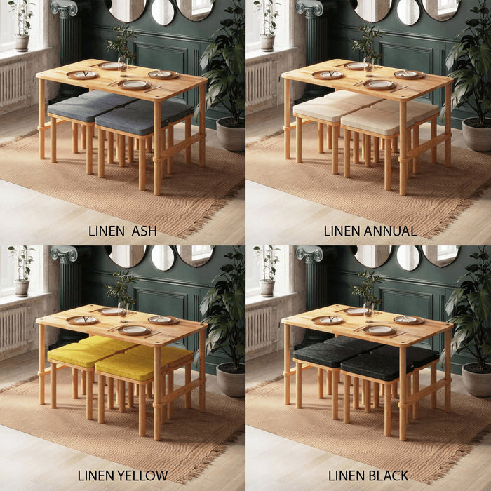 Linen fabric swatches in Ash, Annual, Navy Blue, Oil Yellow, and Black, showcasing diverse color options for customizing the dining bench covers.