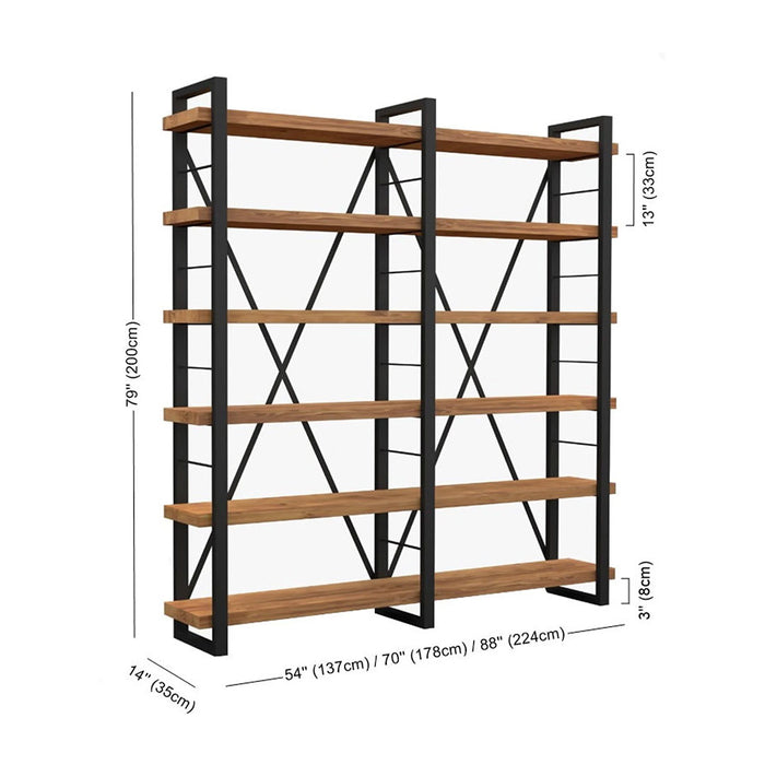 Detail of the wood grain on the Renton Industrial Bookcase, emphasizing the unique texture of the solid wood shelves