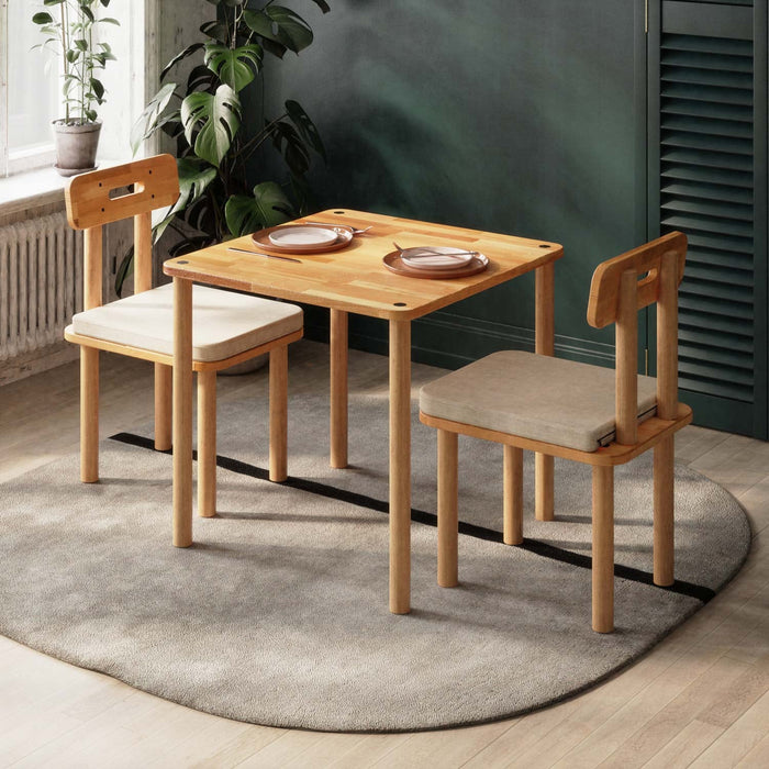 Minimalist Soho 2 person dining table set with square solid wood design and linen yellow chairs, perfect for small dining spaces.