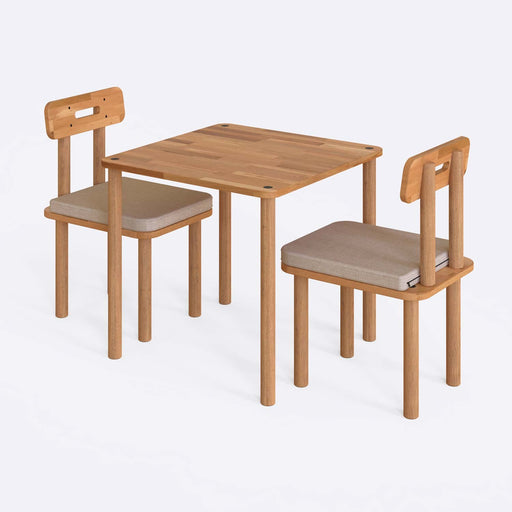 Modern Soho dining table set for 2 featuring a square solid wood table and linen black upholstered chairs.