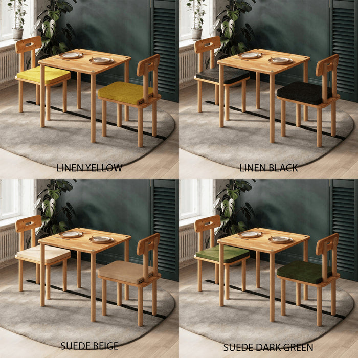Chic Soho dining table set for 2 with square wooden table and linen brown upholstered chairs.