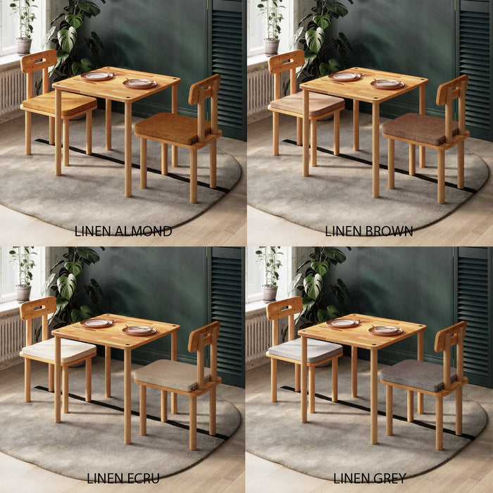 Soho 2 person dining table set showcasing a square solid wood design with linen ecru chairs, perfect for modern dining spaces.
