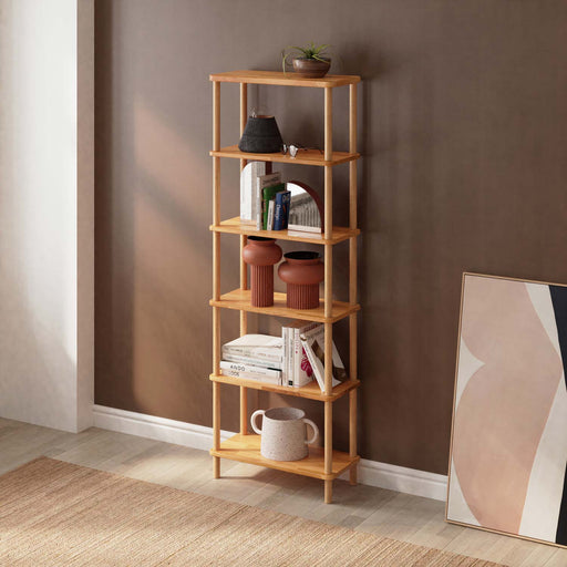 Angled view of the Soho 6 Shelf Bookcase, highlighting its sturdy frame and elegant six-tier shelving.
