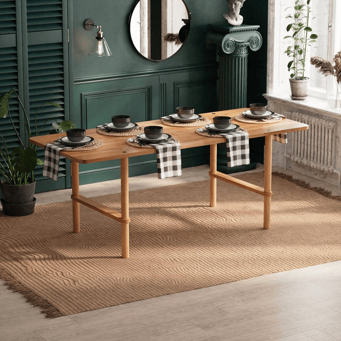 Soho modern dining table set for 6 in beech wood with a minimalist design, featuring clean lines and a sleek finish.