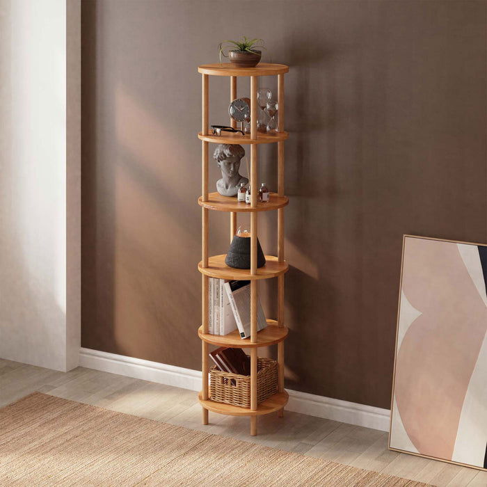 Close-up view of the Soho Round Bookcase, featuring solid beech wood construction and sleek narrow shelves.