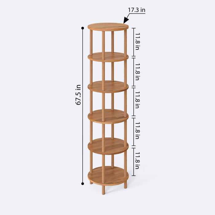 Side view of the round bookcase, highlighting the natural grain of the beech wood and its minimalist style.