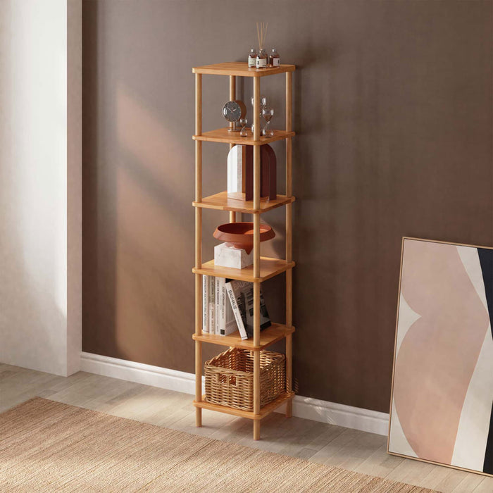 Front view of a minimalist Soho Tall Skinny Bookcase in natural beech wood finish, showcasing clean lines and a compact design.
