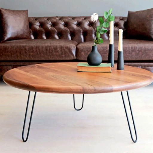 Top-down view of the Walnut Wood Round Coffee Table – Smooth walnut wood tabletop with beautiful natural grain, highlighting its modern round design.
