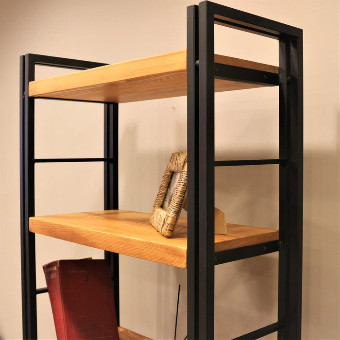 Stanley Rustic Bookcase styled in a living room with books, plants, and decorative pieces, blending seamlessly into a rustic and modern interior.