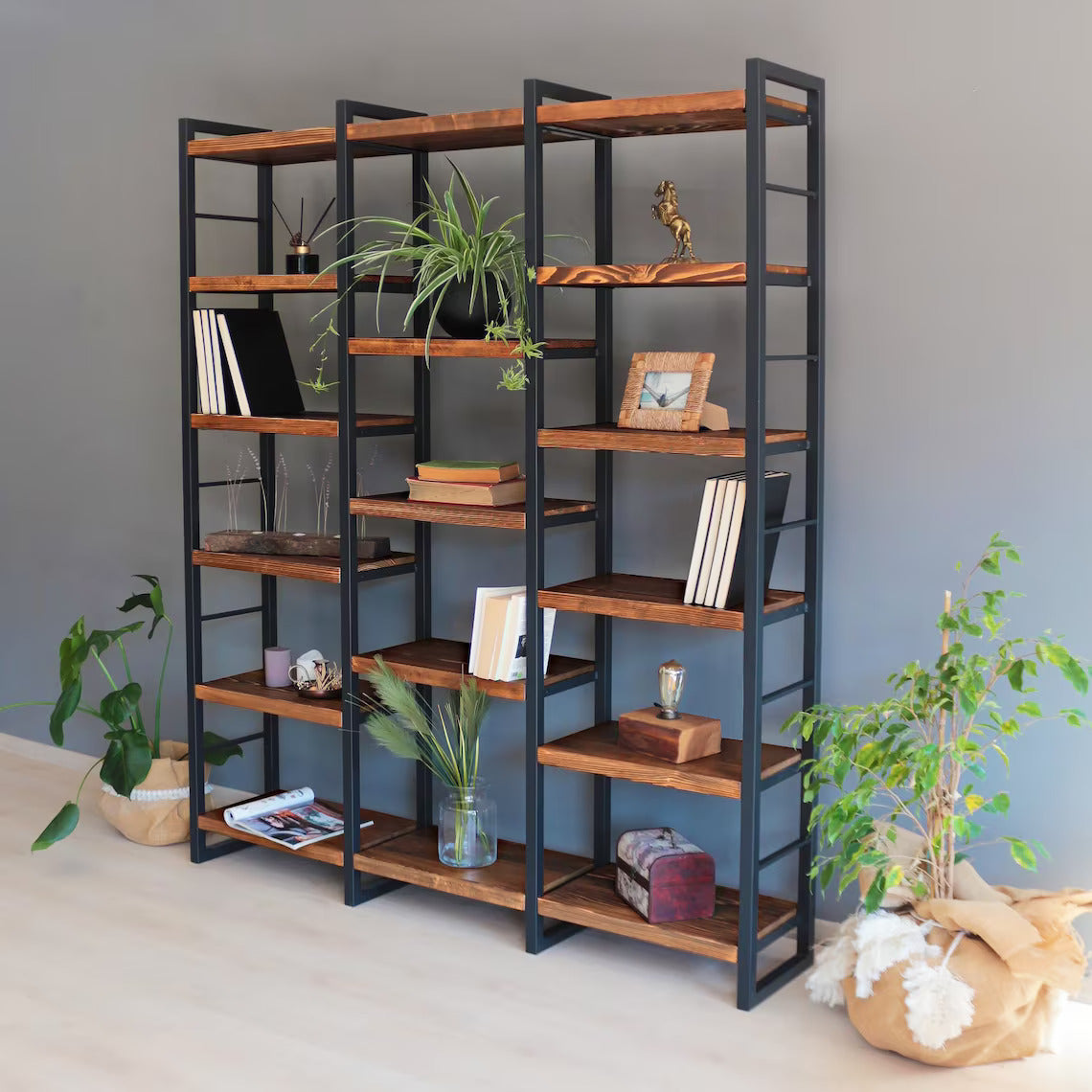 Handcrafted wood bookcases in various styles including modern, rustic, and farmhouse, made from solid beech, walnut, and pine. Customizable sizes and designs to fit any space, perfect for home offices, living rooms, bedrooms, and more.