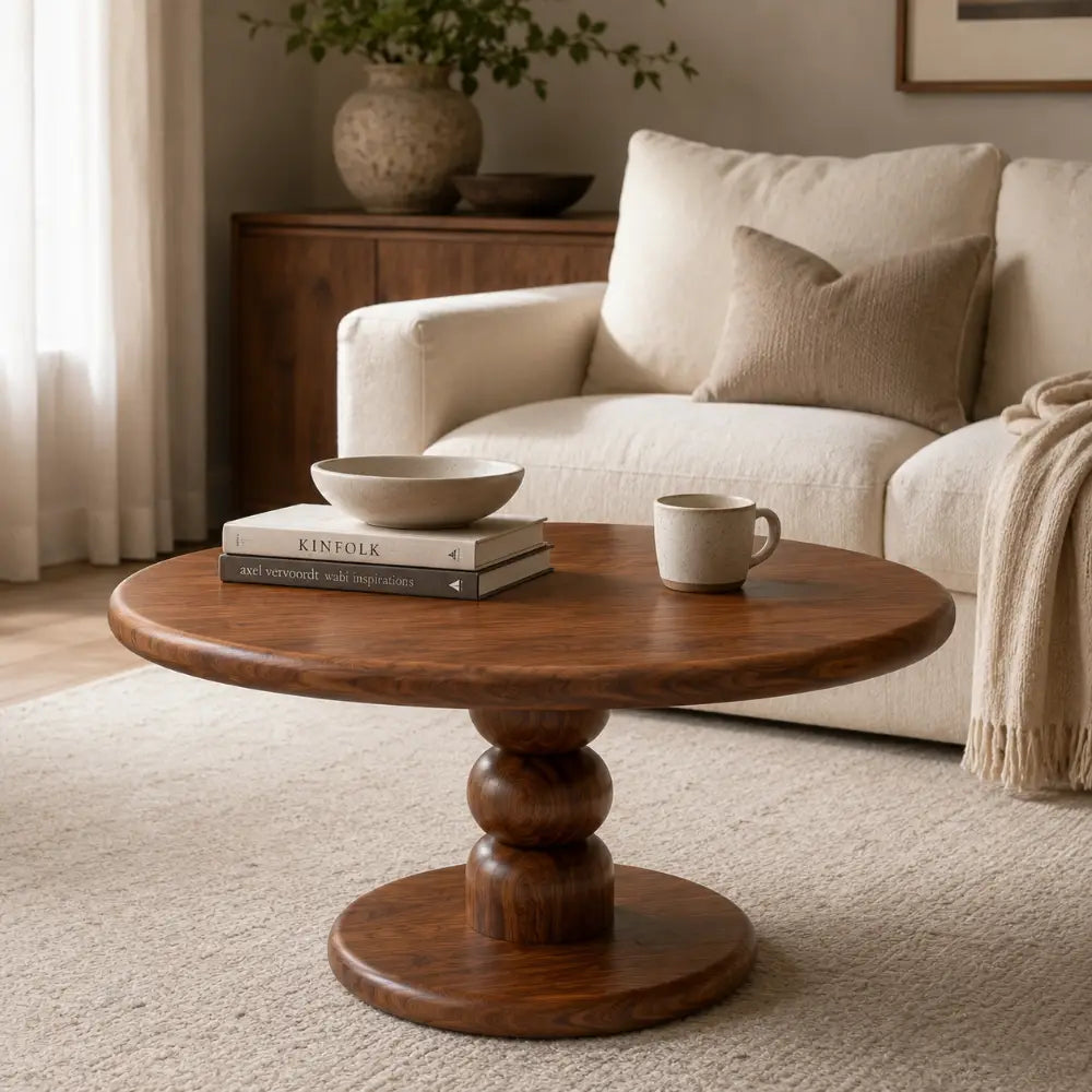 Dorel Solid Walnut Round Pedestal Coffee Table | Mid-Century Modern with a turned pedestal base and circular footed pedestal, styled in a cozy living room setting with a cream sofa, books, and a mug.