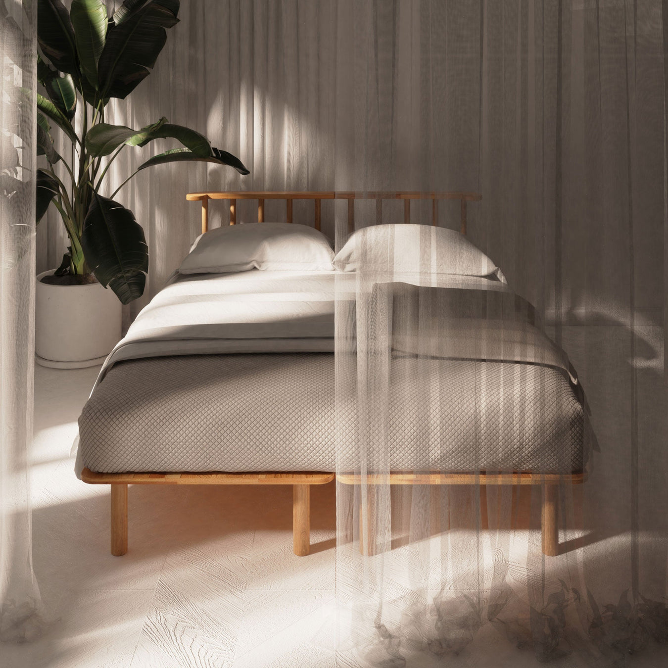 Solid wood bed frame crafted from beech wood, showcasing a sleek and sturdy design.