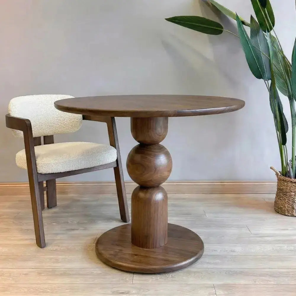 Dorel Round Walnut Dining Table with Sculptural Base – Modern Pedestal Design Mozilya
