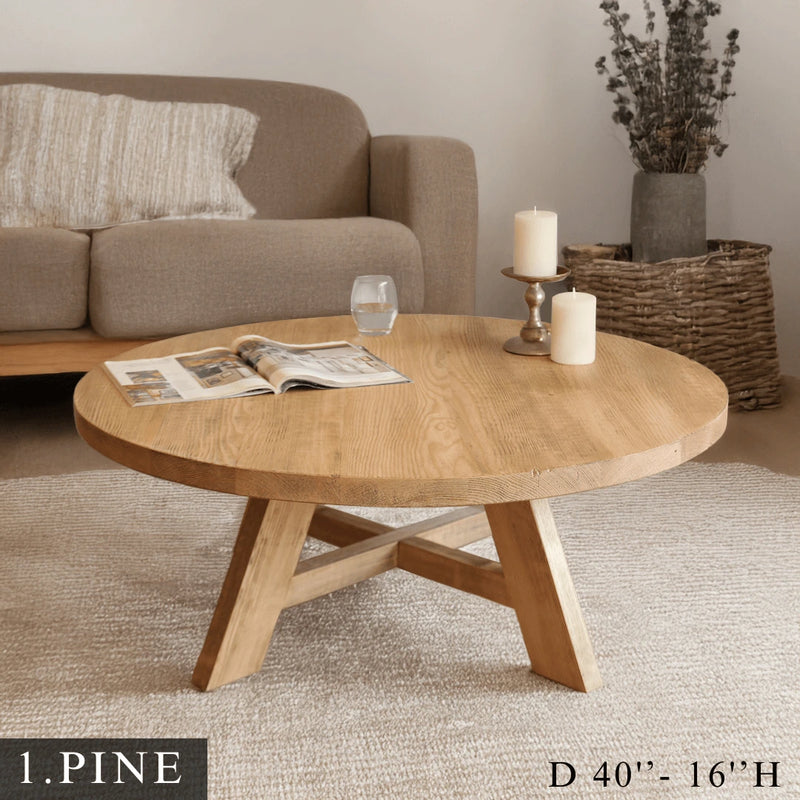 Amber Round Farmhouse Coffee Table - Solid Pine Wood