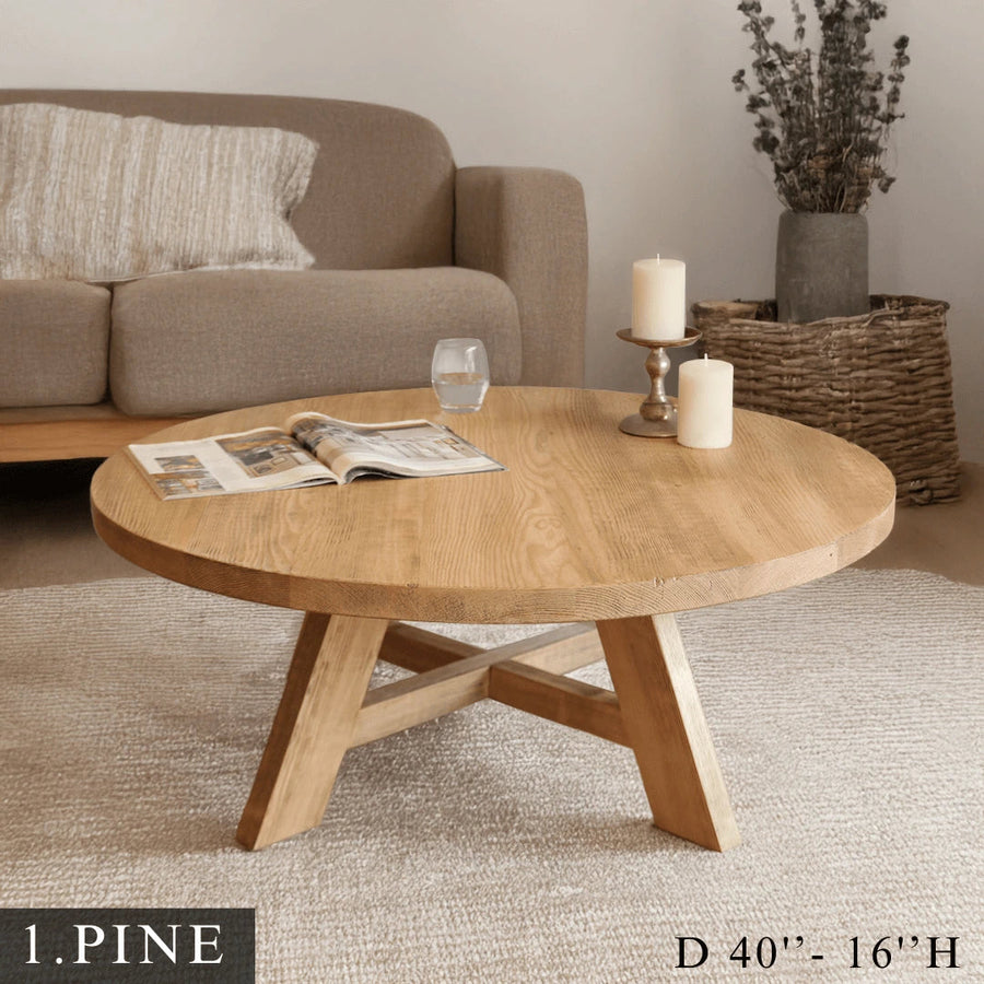 Amber Round Farmhouse Coffee Table - Solid Pine Wood Mozilya