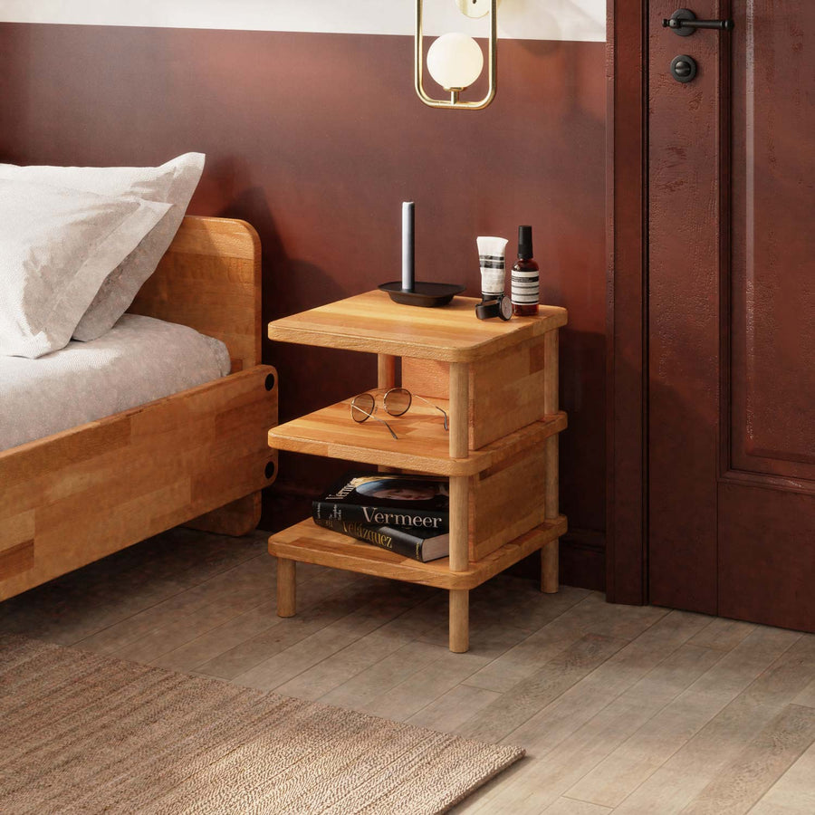 Pasific Solid Beech Wood Nightstand | Minimalist Two-Shelf Bedside Table Demontha