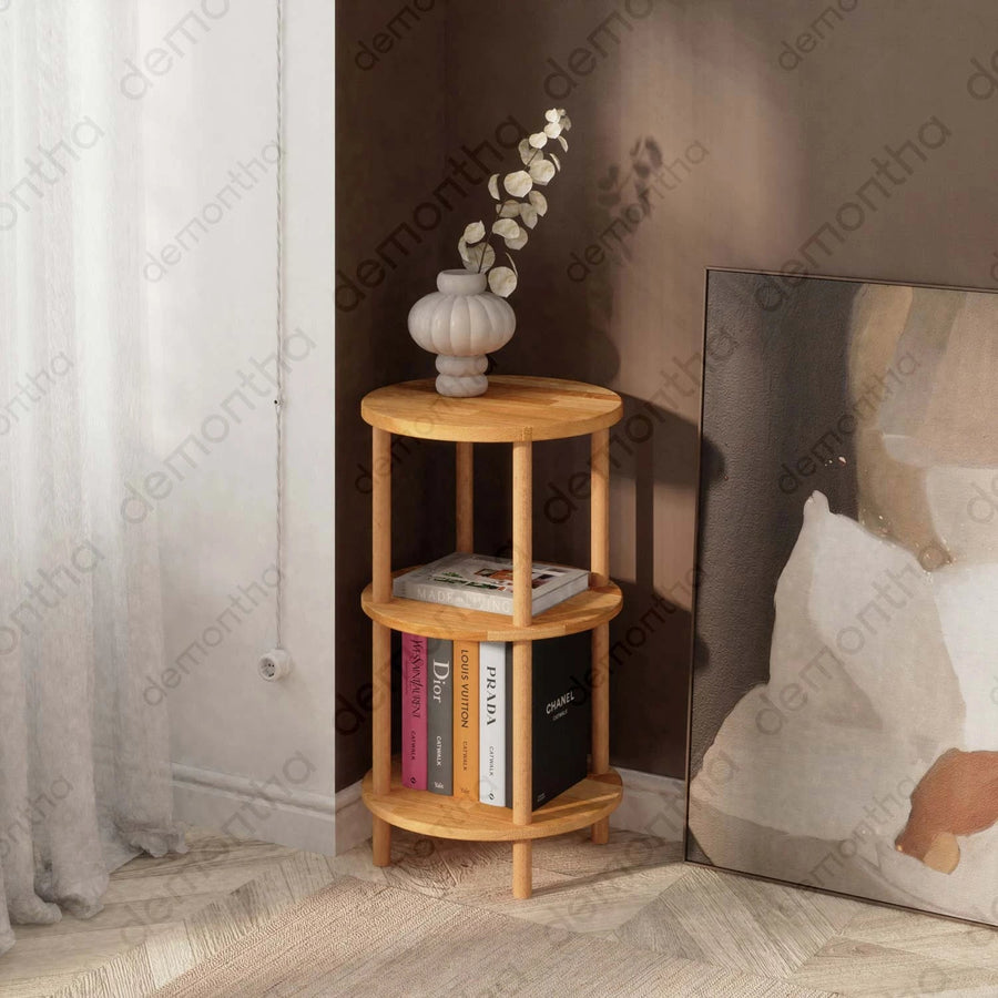 Soho Minimalist Solid Beech Wood Short Round Bookcase with 3 Shelves Demontha