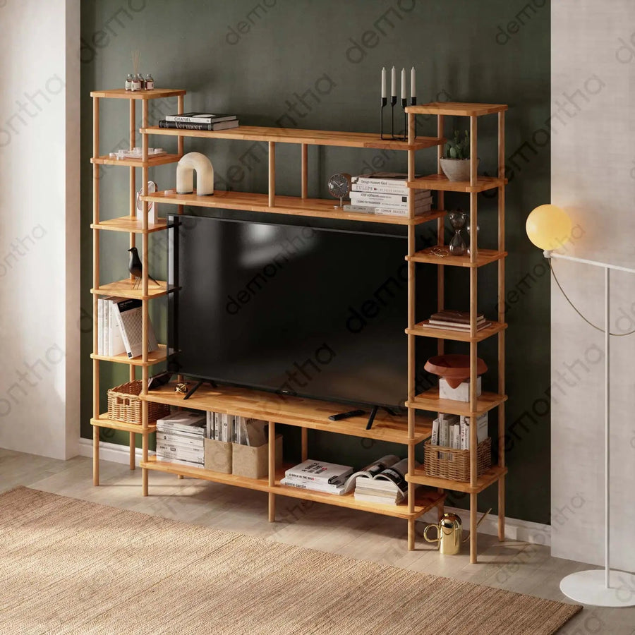 Hudson Solid Wood TV Wall Unit with Bookshelves & Top Shelf Demontha