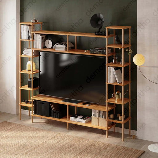 Hudson Solid Wood TV Wall Unit with Bookshelves & Top Shelf Demontha