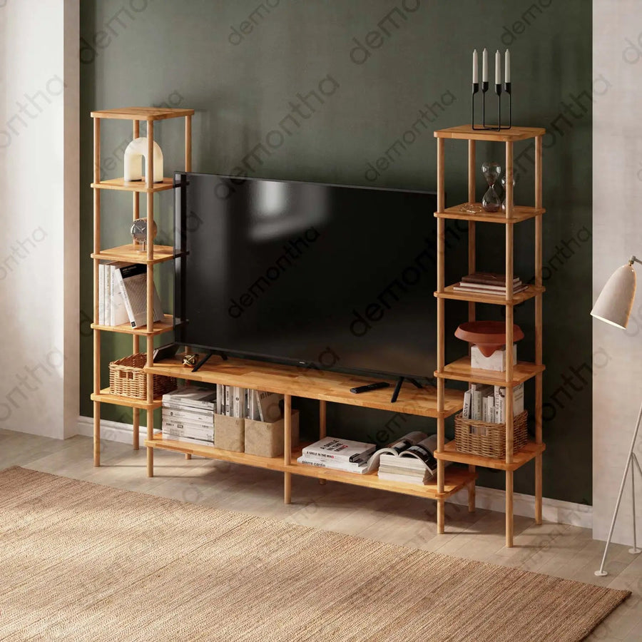 Hudson Solid Wood TV Stand with Side Bookshelves Demontha