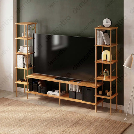 Hudson Solid Wood TV Stand with Side Bookshelves Demontha